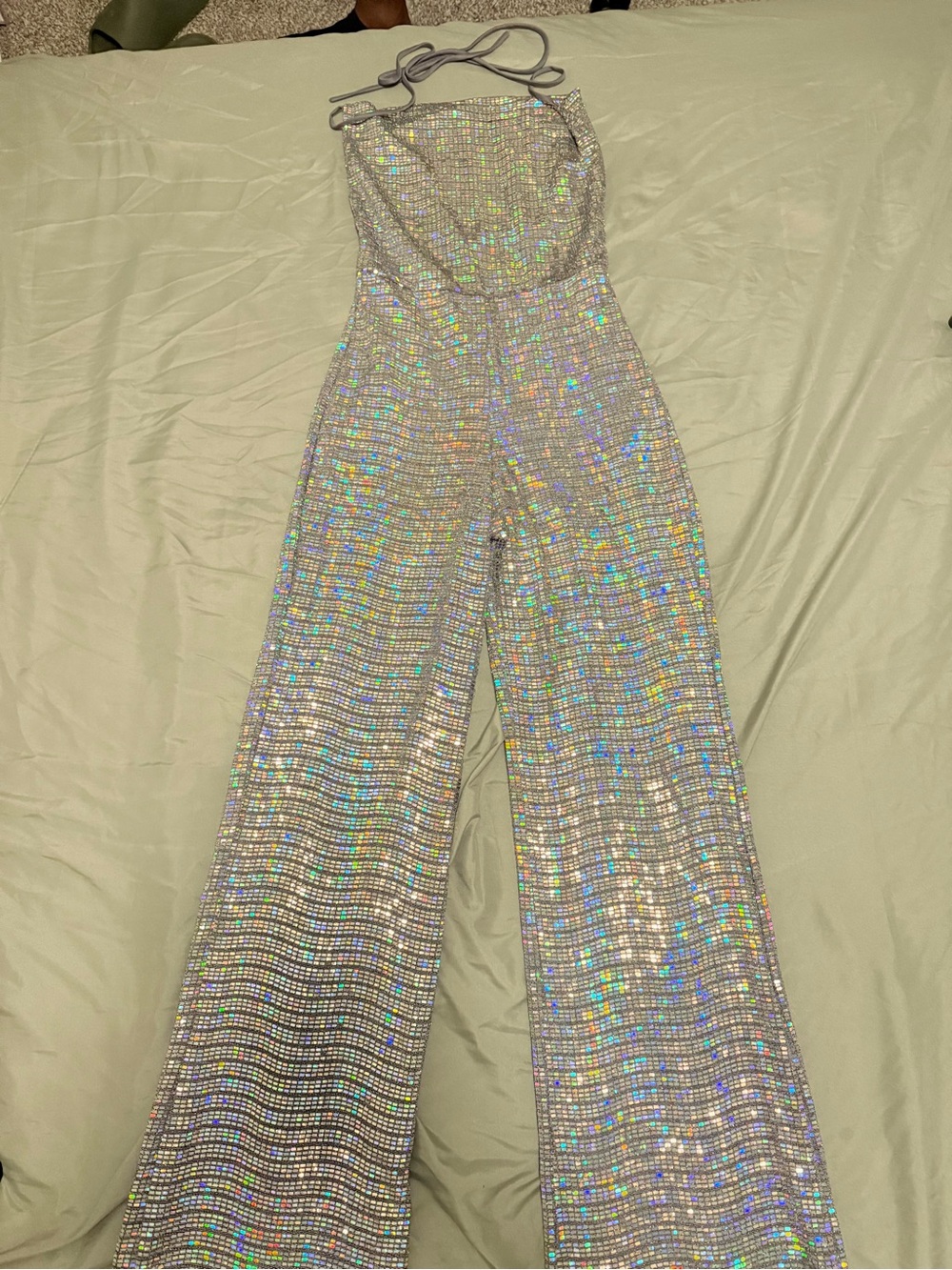 Fashion Nova Holographic Silver Strapless Wide-Leg Jumpsuit